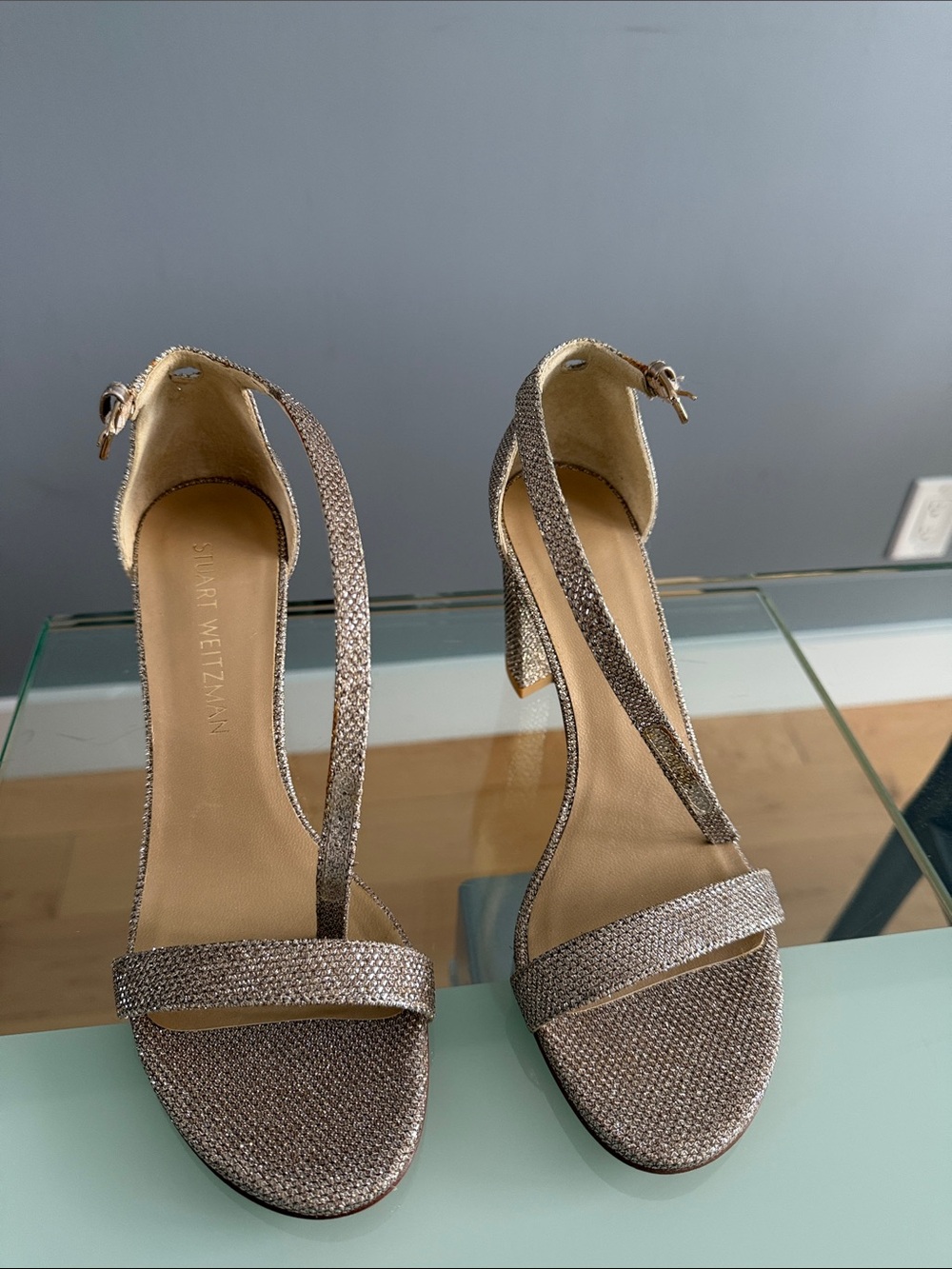 Stuart Weitzman Taupe Metallic Glitter Strappy High-Heel Sandals